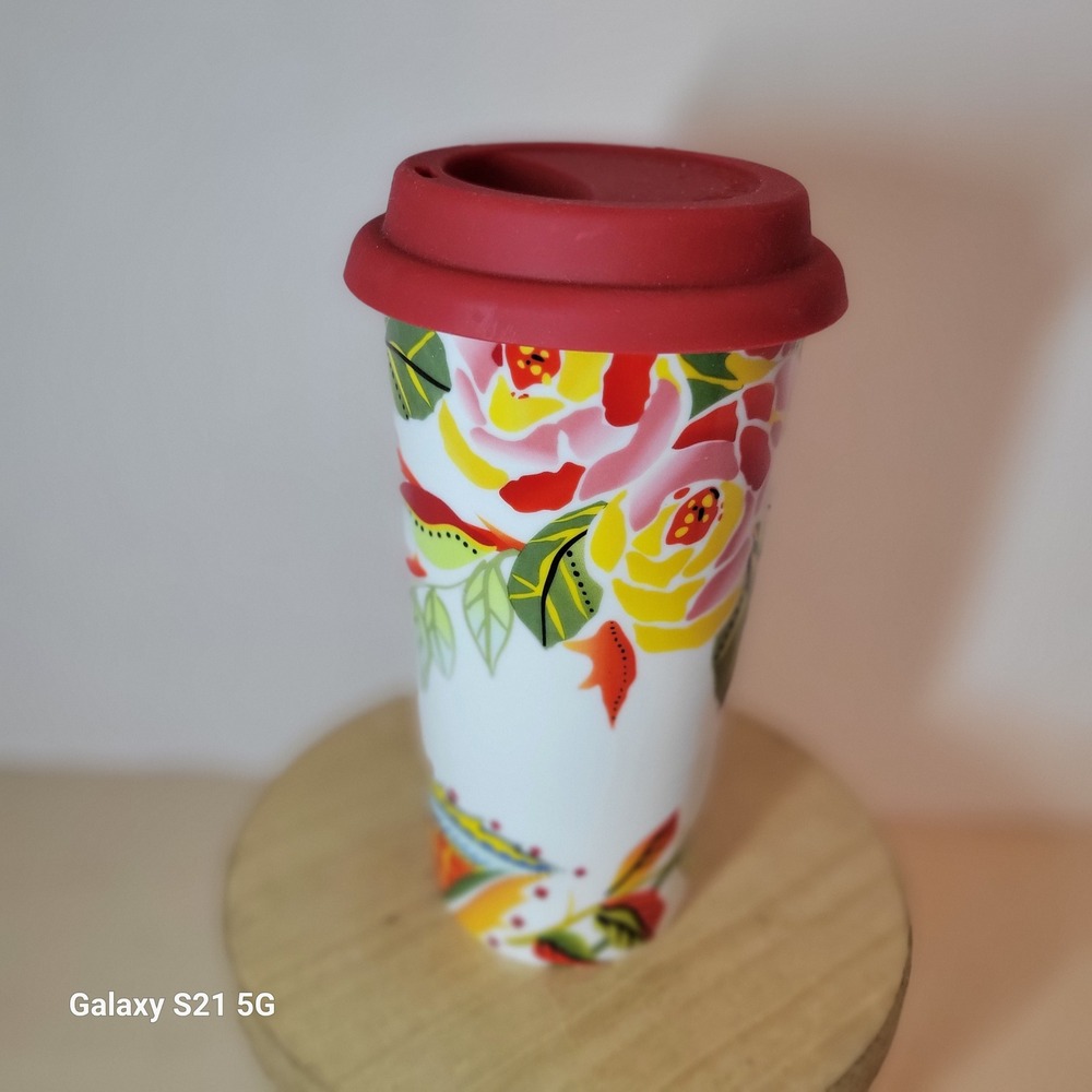 Vida Eva Mendes for Espana Ceramic Travel Mug Floral Red Silicone Lid 6.5in
